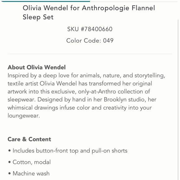 Anthropologie Olivia Wendel for Anthro Flannel Sleep Set size S NWT SOLD OUT - Picture 6 of 7